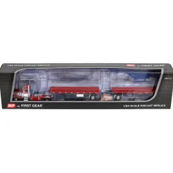1/64 Red Peterbilt 379 with 28.5ft Utility Tandem Flatbed Trailers, DCP by First Gear