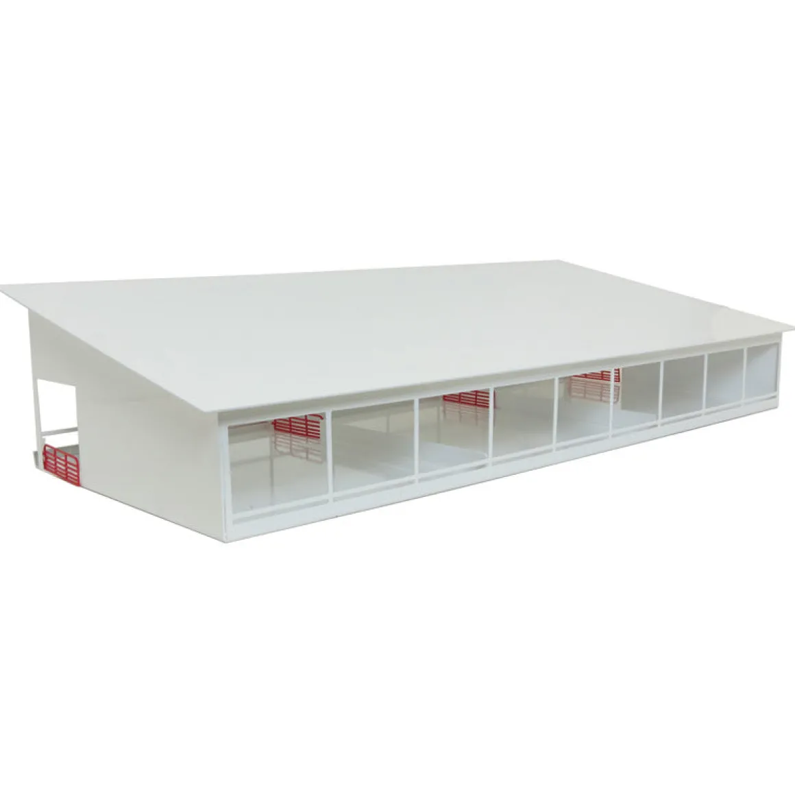 1/64 ST387W Metal Monoslope Cattle Barn with gates and feed trough, White, 27 inches long