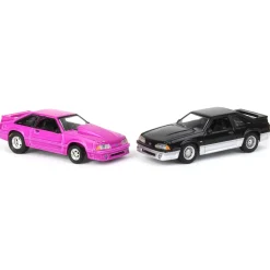 1/64 Twin Pack 1988 Ford Mustang GT Stock & Modified Set, Black/Silver & Pink, LP Diecast Project Garage