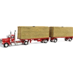 1/64 Viper Red Peterbilt 389 Day Cab with Utility Dual Flatbeds & Hay Load, DCP by First Gear