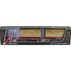 1/64 Viper Red Peterbilt 389 Day Cab with Utility Dual Flatbeds & Hay Load, DCP by First Gear