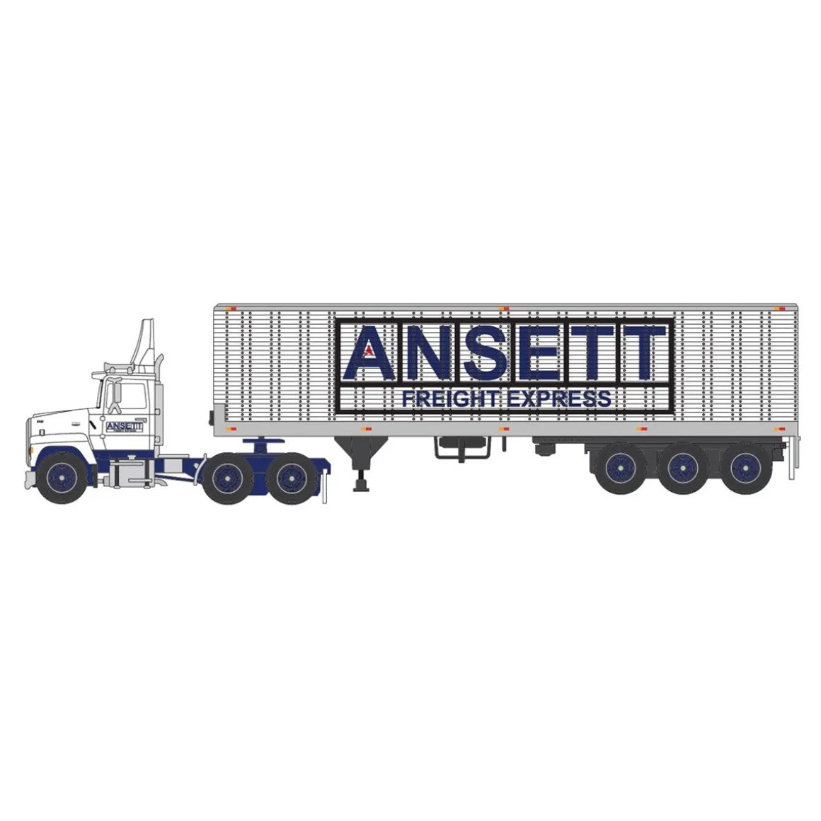 1/64 White & Blue Ford LN9000 with 40' Tri-Axle Van Trailer, Ansett, DCP by First Gear