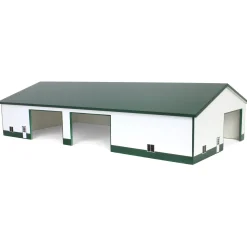 1/64 White & Forest Green 60ft x 120ft Wooden Implement Shed with Double Side Doors