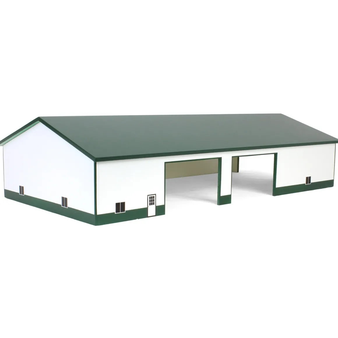 1/64 White & Forest Green 60ft x 120ft Wooden Implement Shed with Double Side Doors