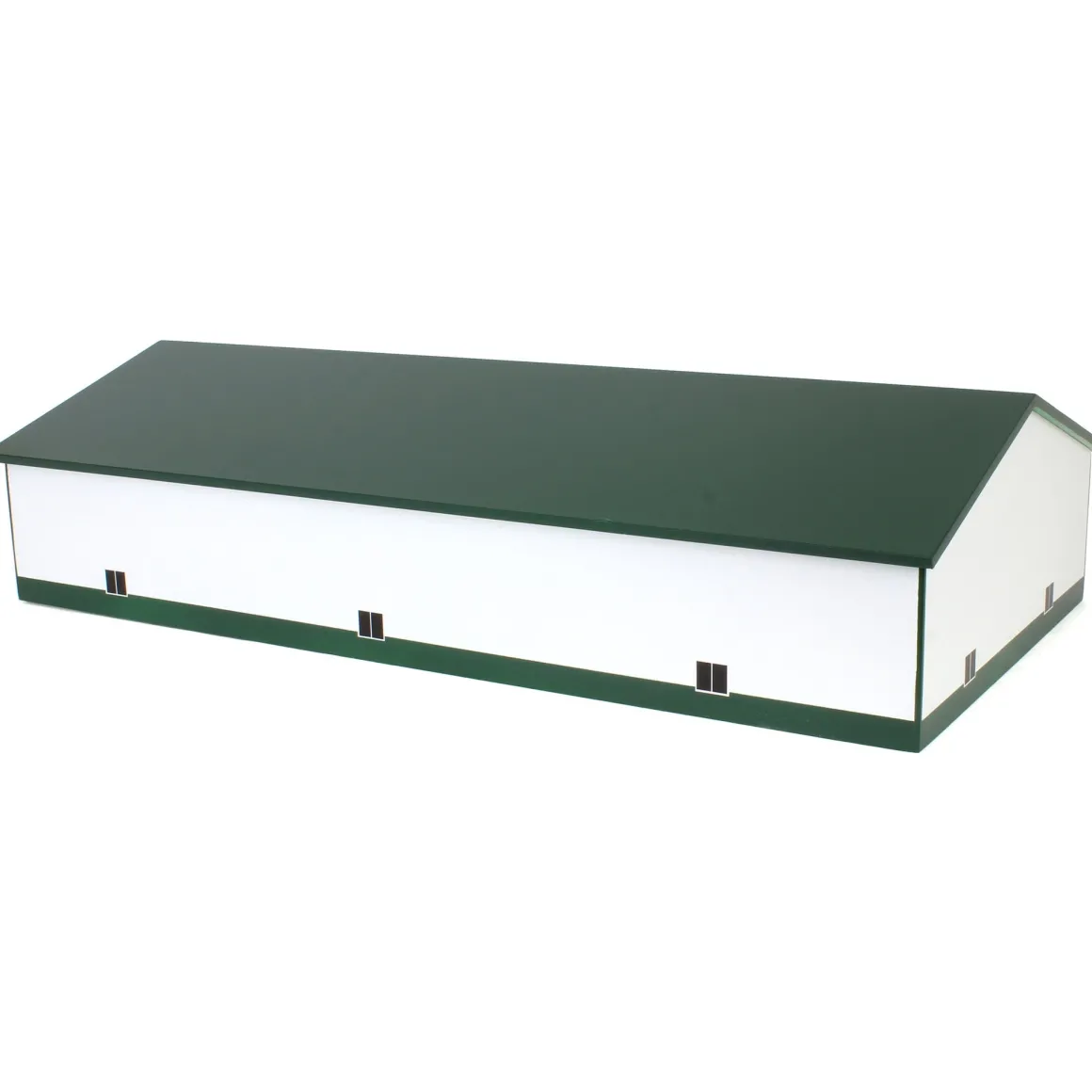 1/64 White & Forest Green 60ft x 120ft Wooden Implement Shed with Double Side Doors