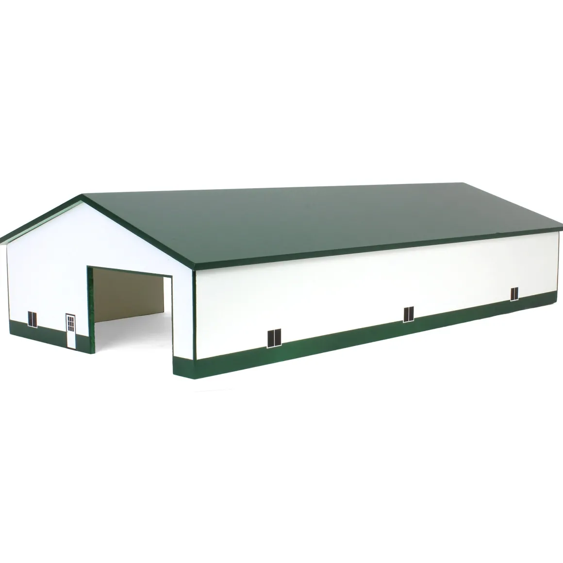 1/64 White & Forest Green 60ft x 120ft Wooden Implement Shed with Double Side Doors