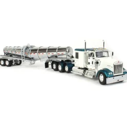 1/64 White & Teal Kenworth W900L w/ Chrome Polar Tandem-Axle Deep Drop Tank Trailer, DCP by First Gear