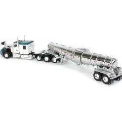 1/64 White & Teal Kenworth W900L w/ Chrome Polar Tandem-Axle Deep Drop Tank Trailer, DCP by First Gear