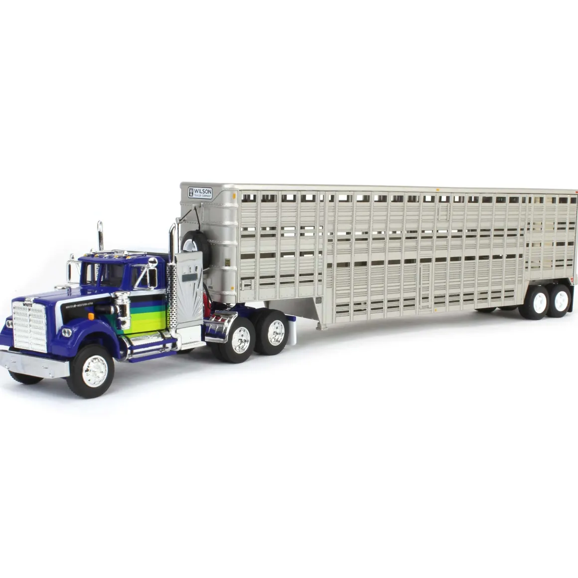 1/64 White Western Star 4900 with Vintage Wilson Livestock Trailer, DCP by First Gear