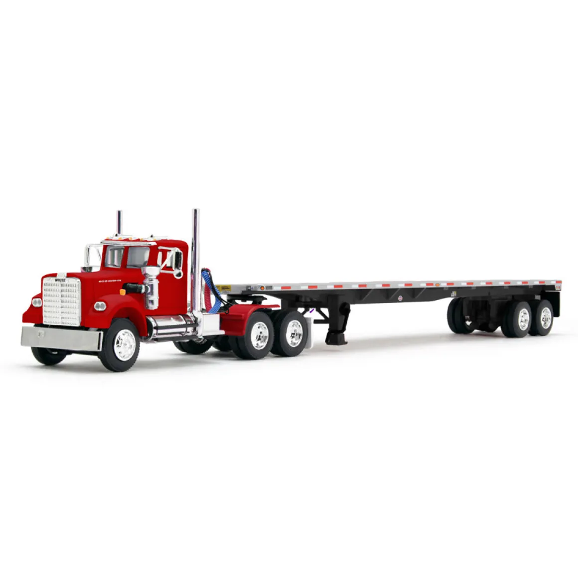 1/64 White Western Star Day Cab with 48ft Utility Flatbed Trailer, Viper Red, DCP by First Gear