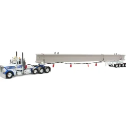 1/64 White/Blue Peterbilt 389 w/ ERMC Hydra-Steer Trailer & Bridge Beam Load, DCP by First Gear