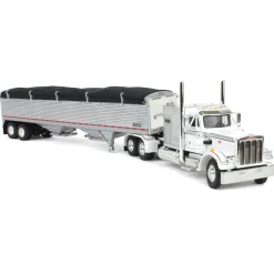 1/64 White/Chrome Peterbilt 359 60in Vintage Sleeper w/ Wilson High Side Grain Trailer, DCP by First Gear
