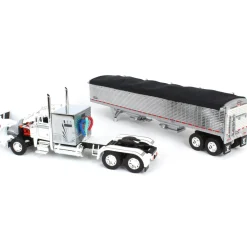 1/64 White/Chrome Peterbilt 359 60in Vintage Sleeper w/ Wilson High Side Grain Trailer, DCP by First Gear