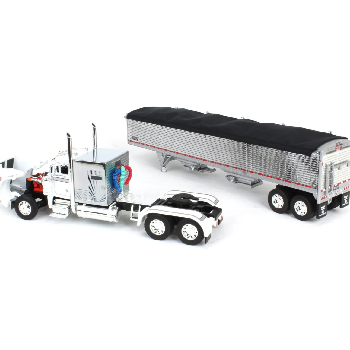 1/64 White/Chrome Peterbilt 359 60in Vintage Sleeper w/ Wilson High Side Grain Trailer, DCP by First Gear