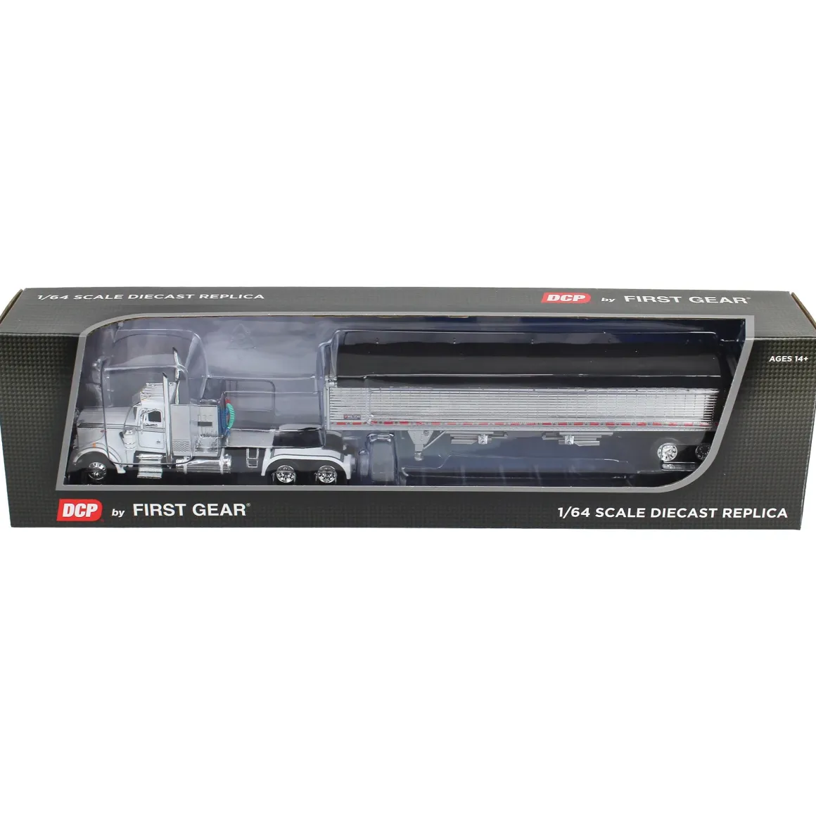 1/64 White/Chrome Peterbilt 359 60in Vintage Sleeper w/ Wilson High Side Grain Trailer, DCP by First Gear