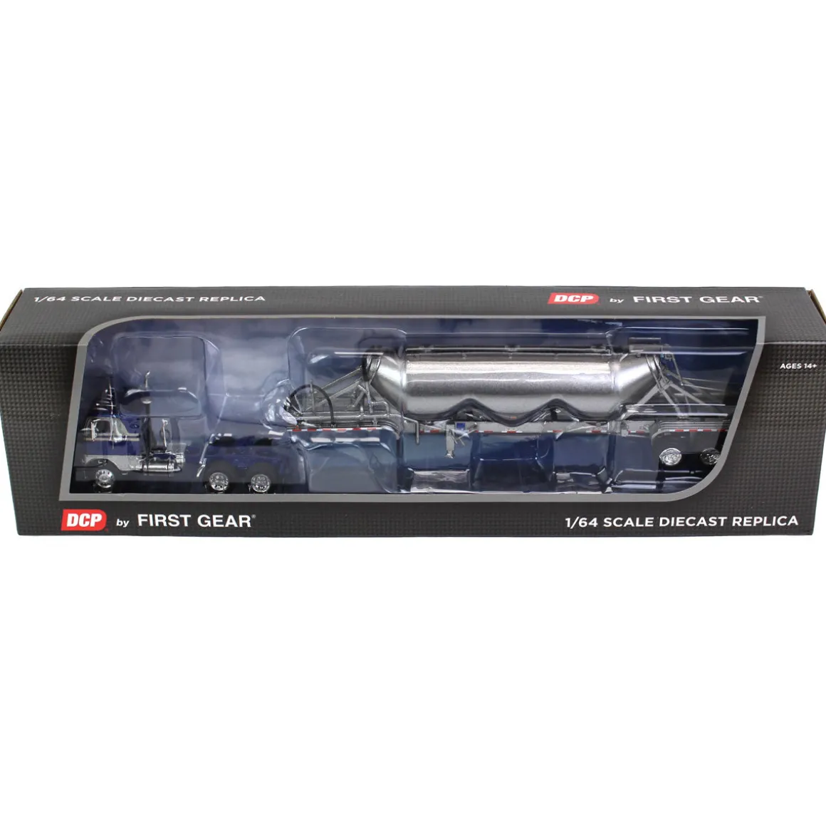 1/64 White-Freightliner Cabover w/ Tri-Axle Pneumatic Tanker, Gray & Blue, DCP by First Gear