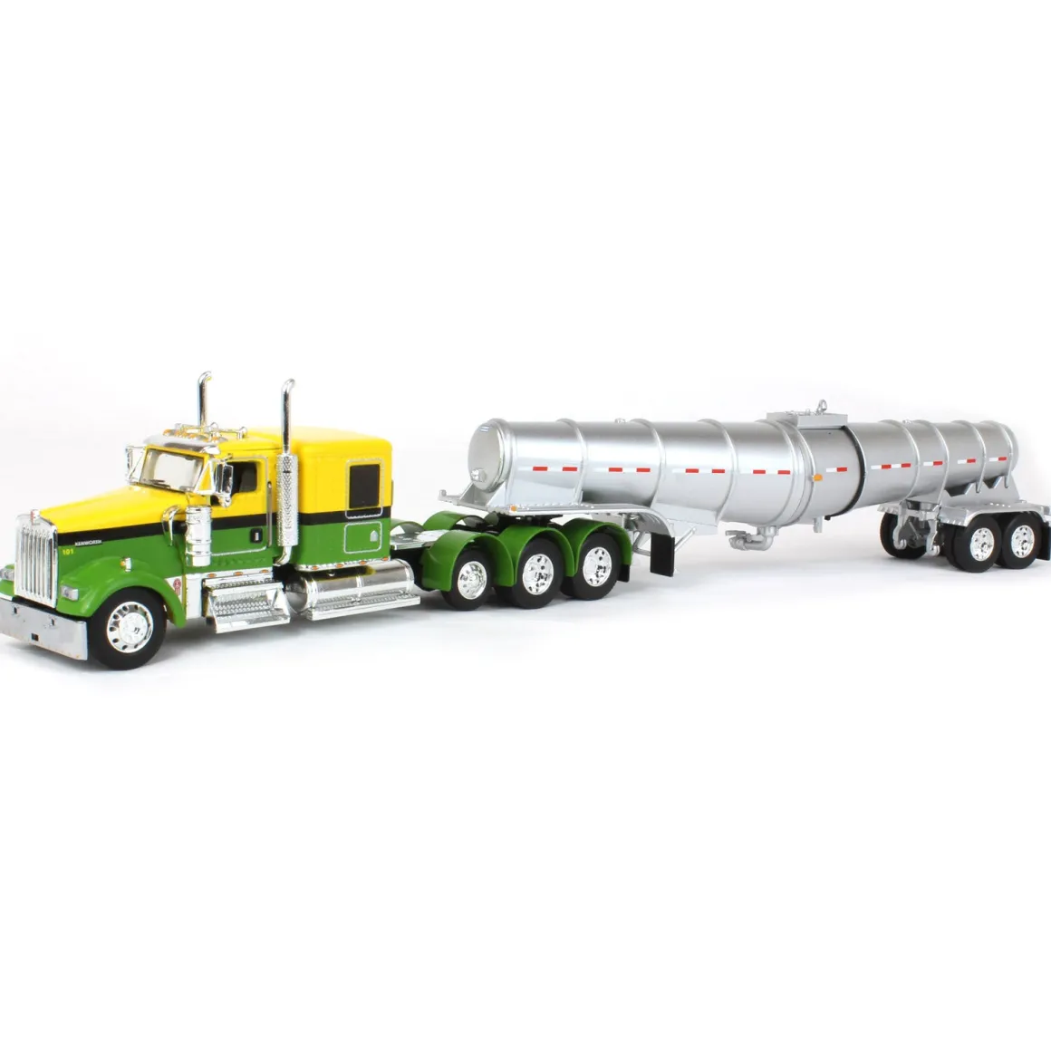 1/64 Yellow & Green Kenworth W900L w/ Silver Chrome Polar Tandem-Axle Deep Drop Tank Trailer, DCP by First Gear