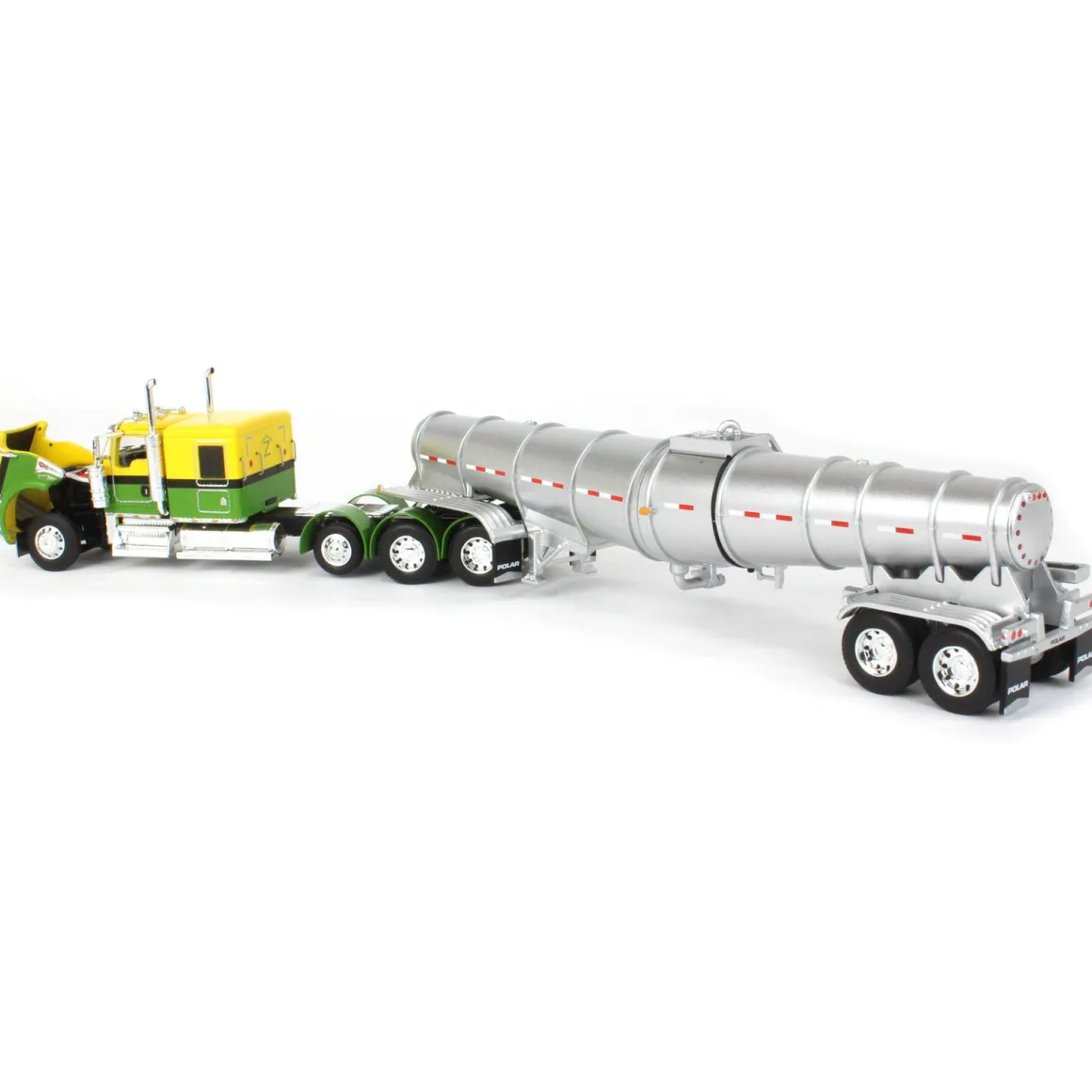 1/64 Yellow & Green Kenworth W900L w/ Silver Chrome Polar Tandem-Axle Deep Drop Tank Trailer, DCP by First Gear