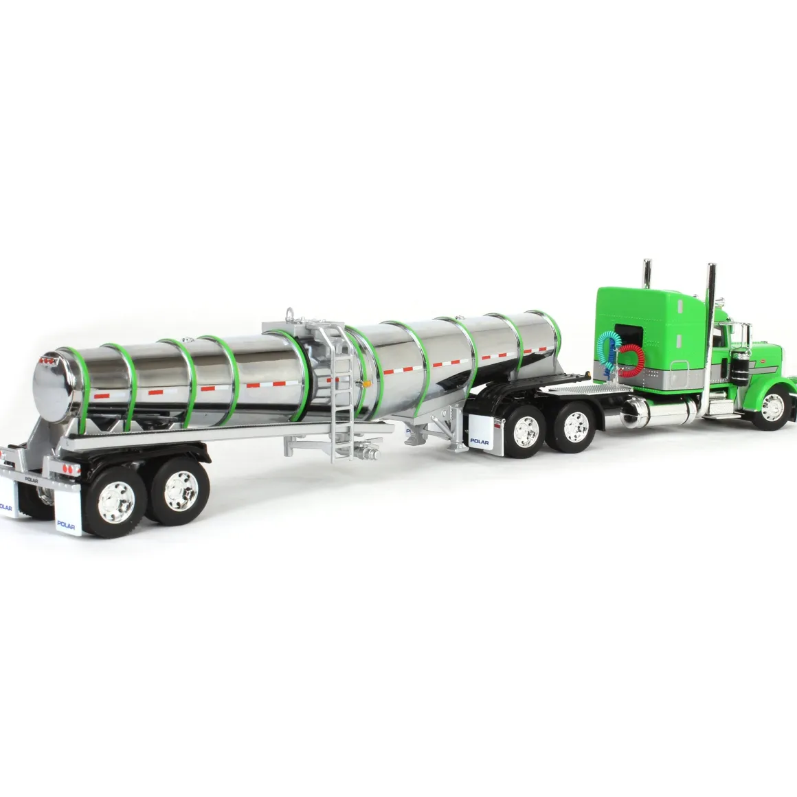 (B&D) - 1/64 Peterbilt 389 with Polar Deep Drop Trailer, Green/Silver/Black, DCP by First Gear - Damaged Item