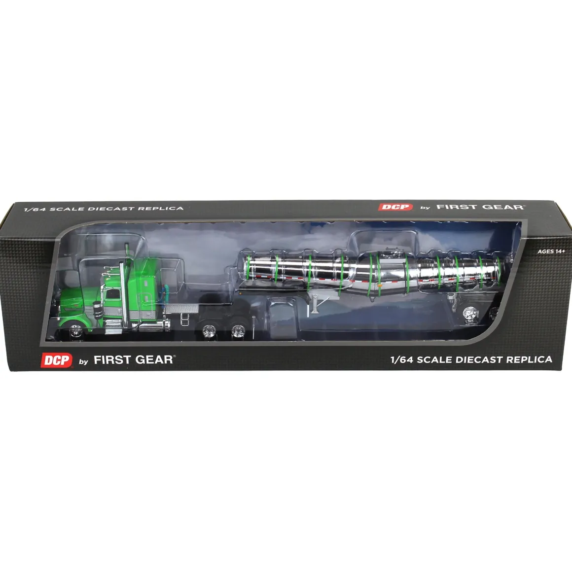 (B&D) - 1/64 Peterbilt 389 with Polar Deep Drop Trailer, Green/Silver/Black, DCP by First Gear - Damaged Item