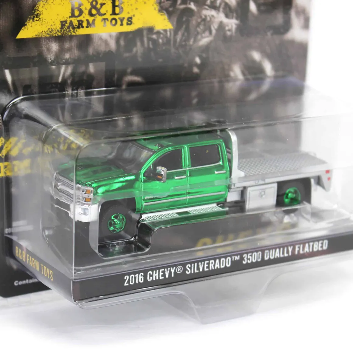 (B&D) - Green Chrome Chase Unit ~ 1/64 2016 Chevrolet Silverado 3500 Flatbed Dually, Blue, B&B Toys Exclusive - Damaged Item