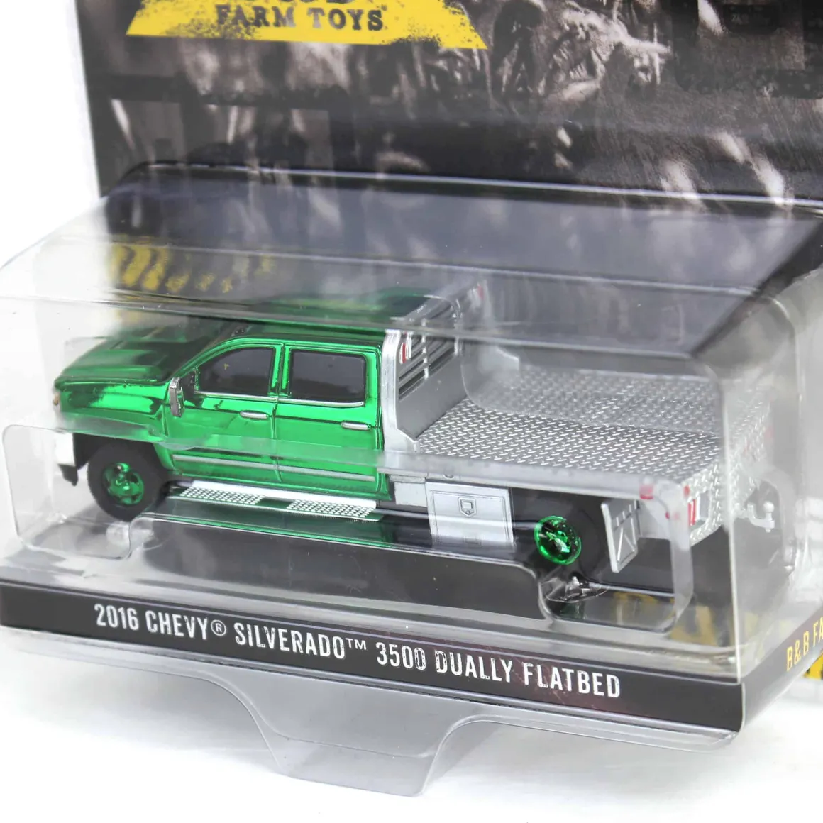 (B&D) - Green Chrome Chase Unit ~ 1/64 2016 Chevrolet Silverado 3500 Flatbed Dually, Blue, B&B Toys Exclusive - Damaged Item