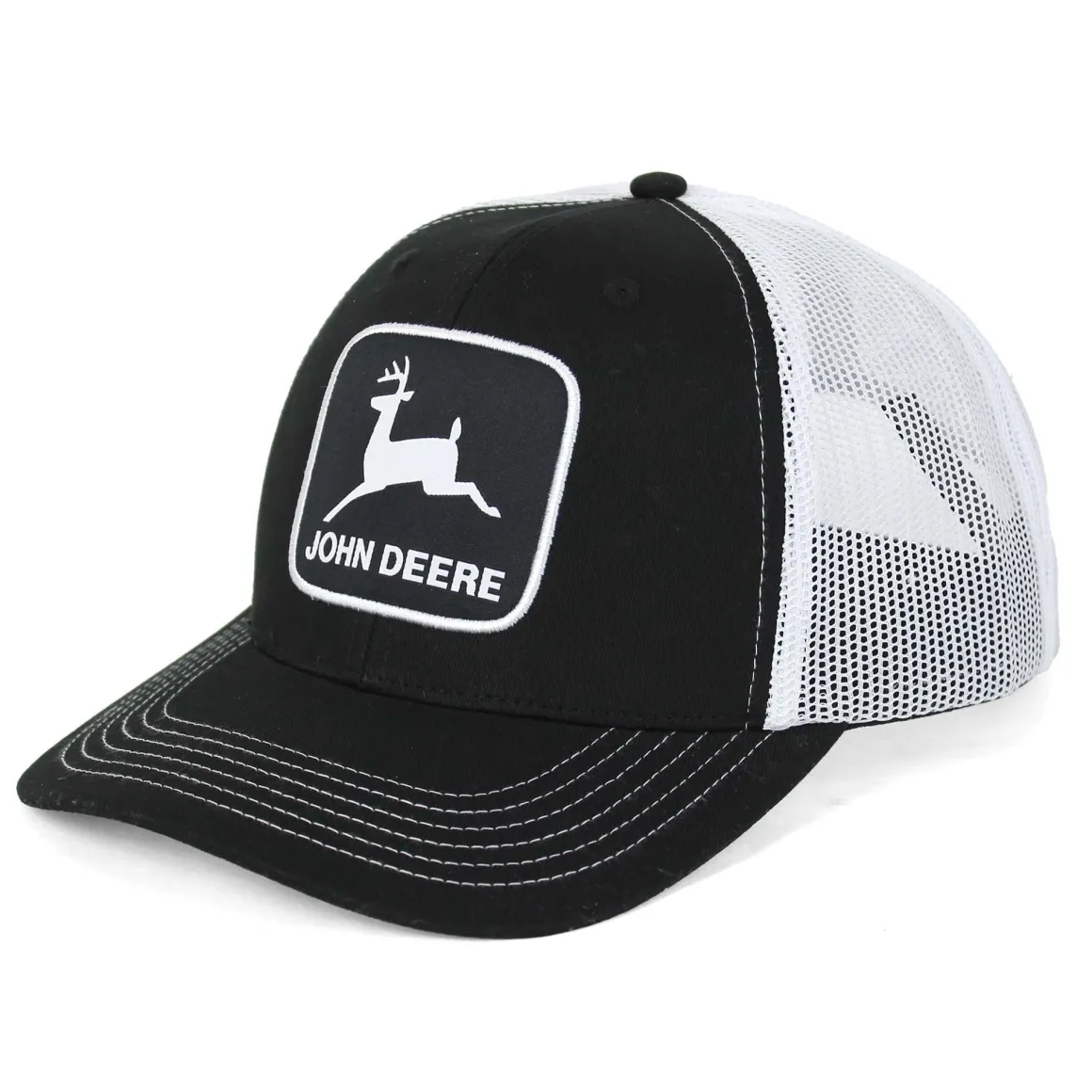 Black John Deere Logo Hat with White Stitching & White Mesh Back