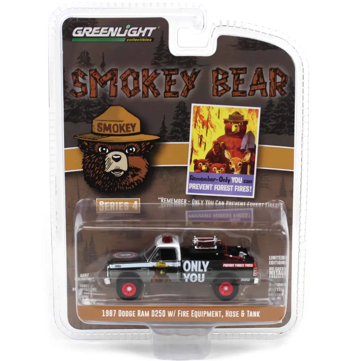 Charcoal Chrome Super Chase ~ 1/64 1987 Dodge Ram D250 with Fire Equipment, Hose & Tank, Smokey Bear Series 4