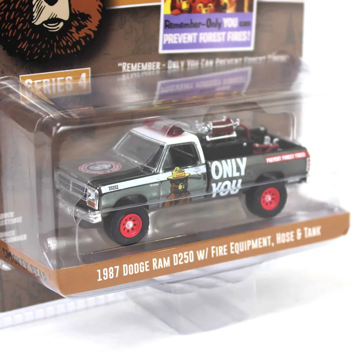 Charcoal Chrome Super Chase ~ 1/64 1987 Dodge Ram D250 with Fire Equipment, Hose & Tank, Smokey Bear Series 4