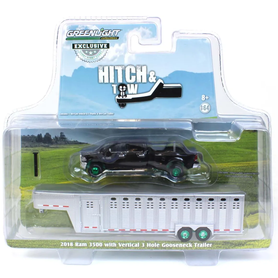 Chase Unit ~ 1/64 2018 Ram 3500, Black with Polished Aluminum 3 Hole Gooseneck Livestock Trailer