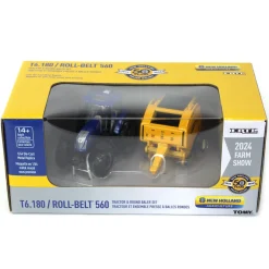 Chase Unit ~ 1/64 New Holland T6.180 w/ Roll-Belt 560 Round Baler & 6 Bales, 50 Years Round Baling, 2024 Farm Show