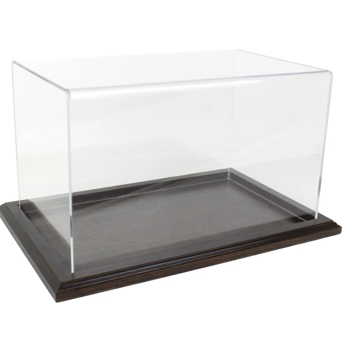 Clear Acrylic Display Case with Dark Stained Wooden Base, 14in x 8.5in x 8in