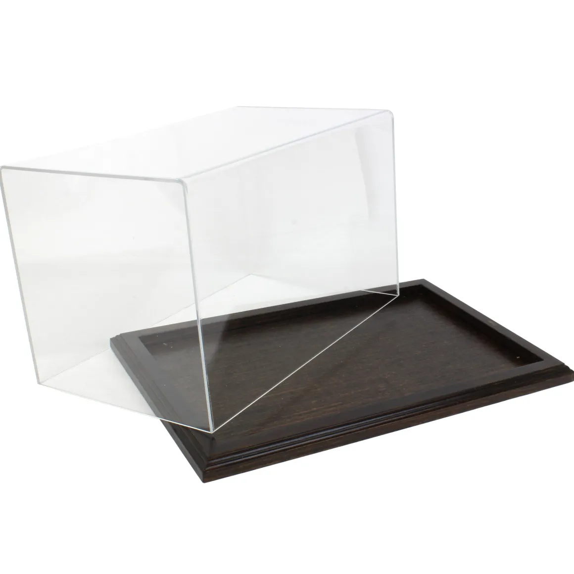 Clear Acrylic Display Case with Dark Stained Wooden Base, 14in x 8.5in x 8in