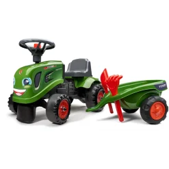 Fendt Ride-on & Push-along Tractor w/ Trailer, Rake, Shovel & 2 Sticker Sets by Falk