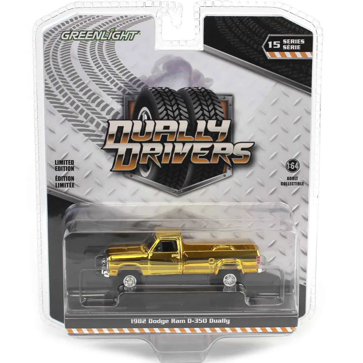Gold Chrome Super Chase ~ 1/64 1982 Dodge Ram D350 Dually, Construction Yellow, Dually Drivers Series 15