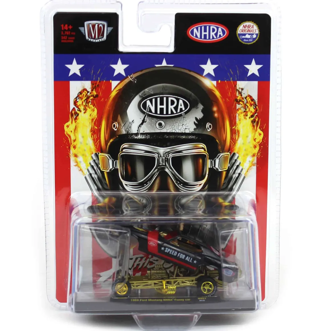 Gold Rim Chase Unit ~ 1/64 M2 Machines 1969 Ford Mustang Funny Car, Pearl Black & Red, Hobby Exclusive