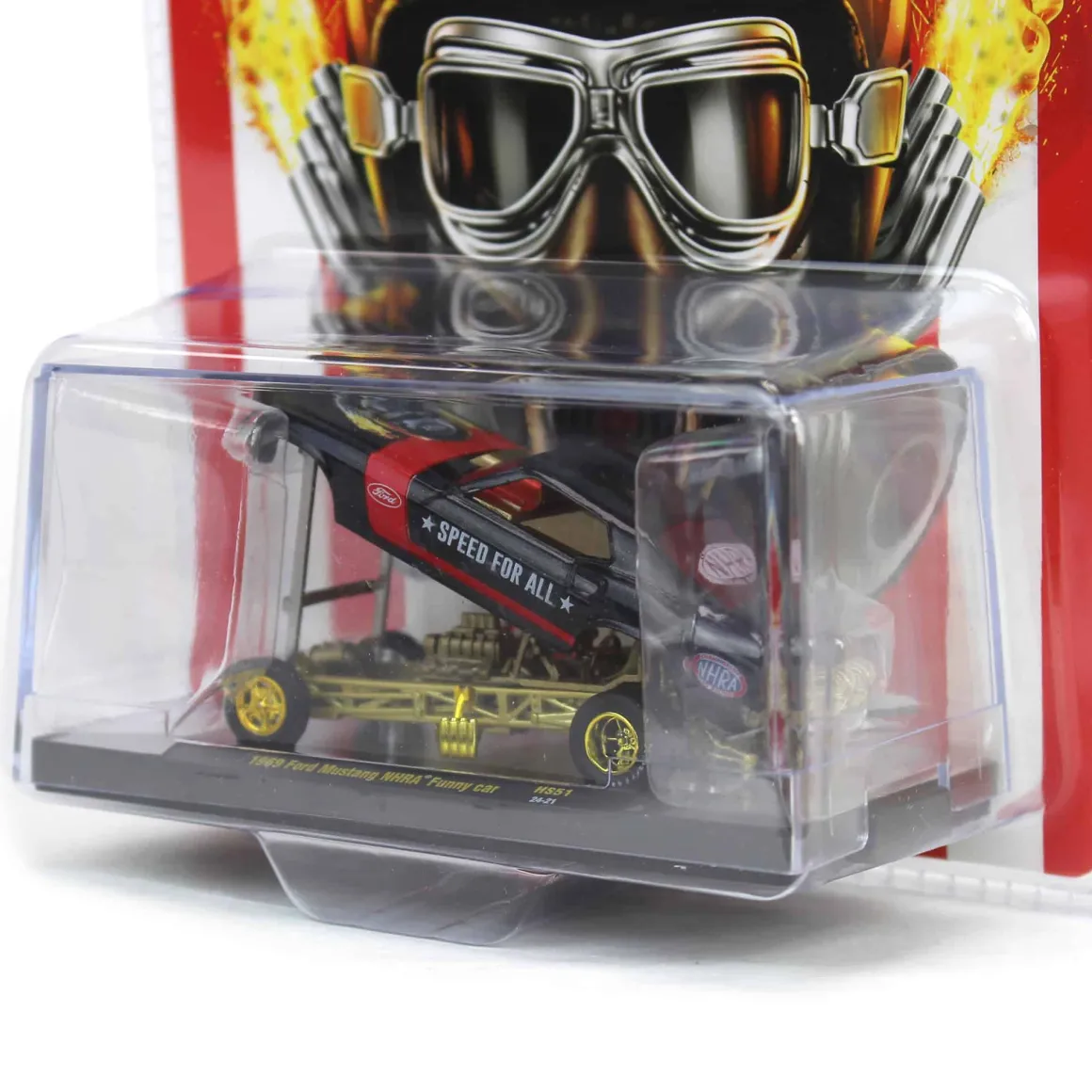 Gold Rim Chase Unit ~ 1/64 M2 Machines 1969 Ford Mustang Funny Car, Pearl Black & Red, Hobby Exclusive