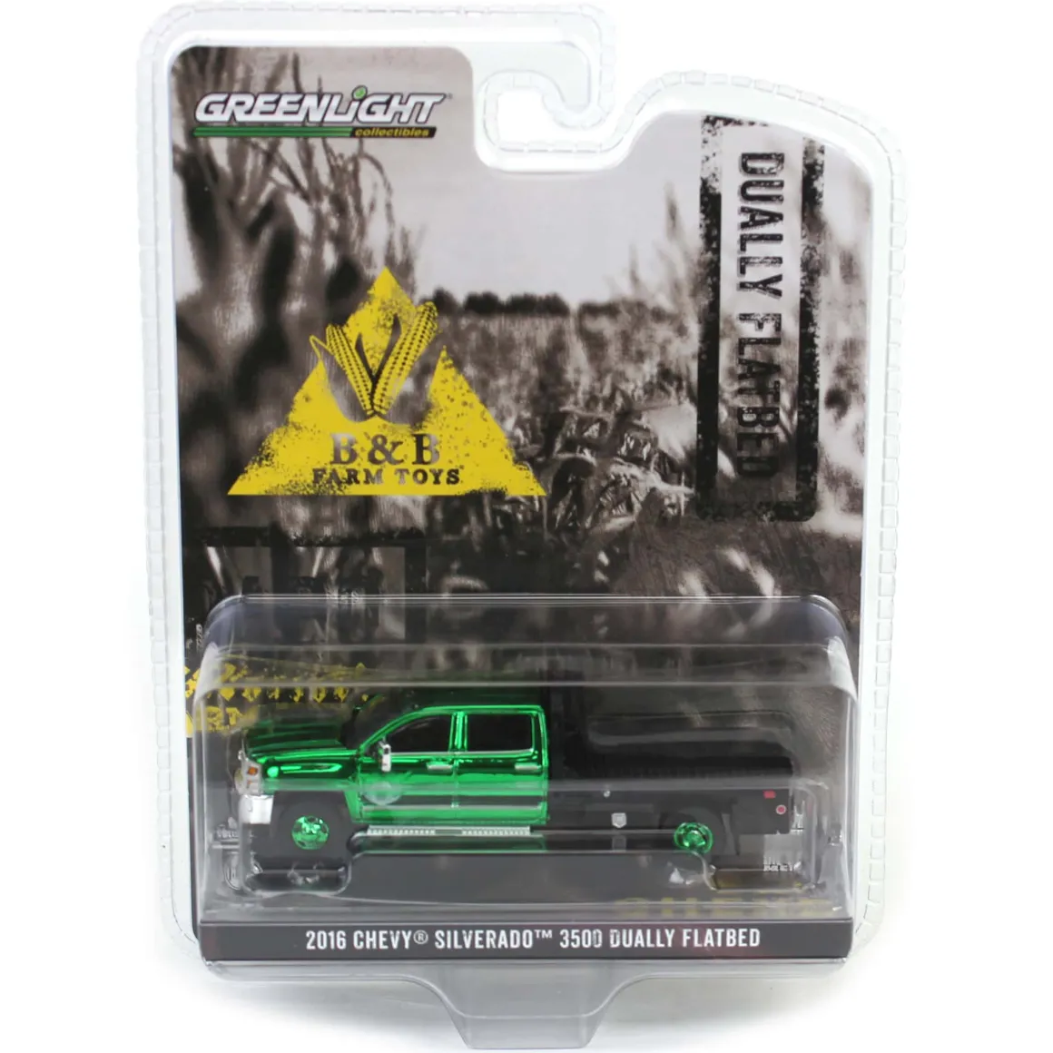 Green Chrome Chase Unit ~ 1/64 2016 Chevrolet Silverado 3500 Flatbed Dually, White, B&B Toys Exclusive