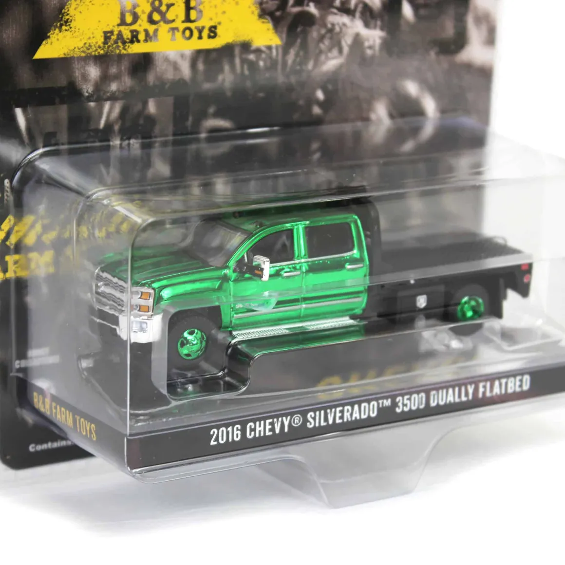Green Chrome Chase Unit ~ 1/64 2016 Chevrolet Silverado 3500 Flatbed Dually, White, B&B Toys Exclusive