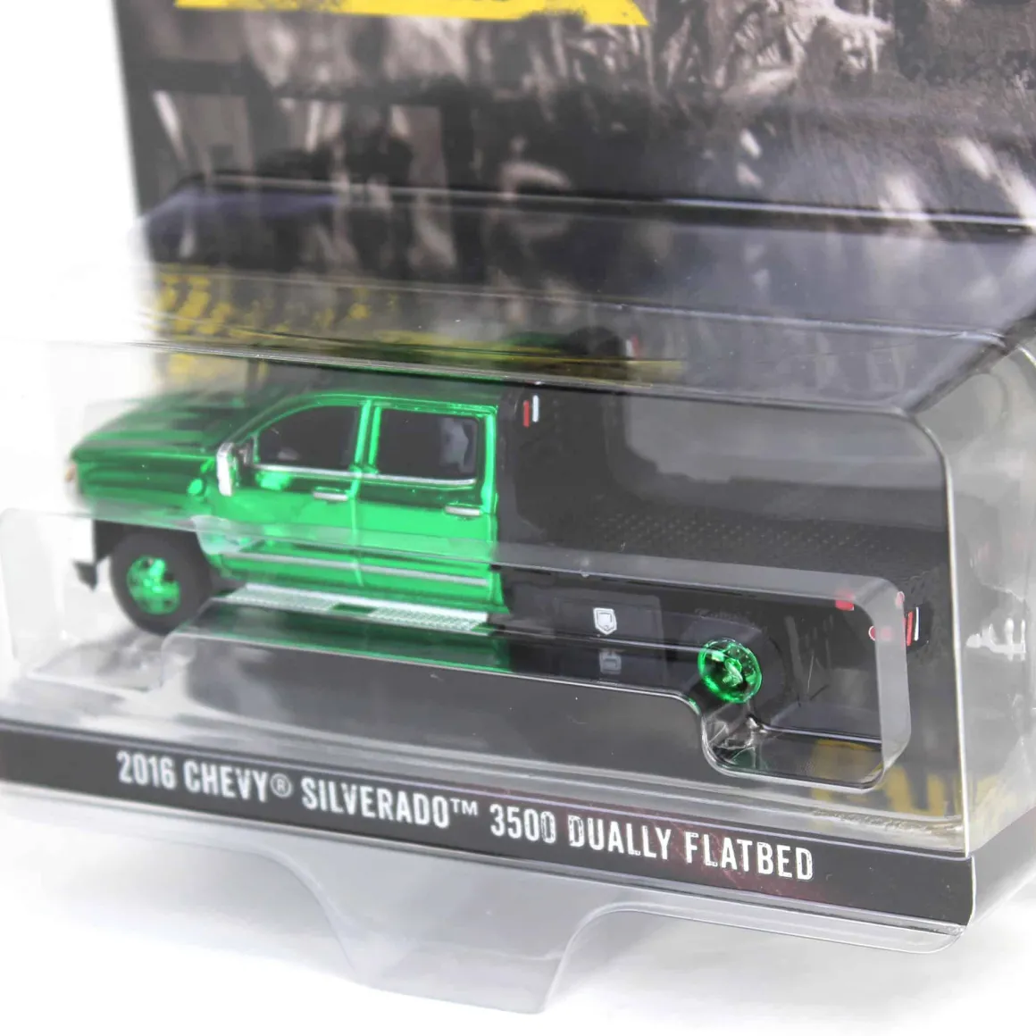 Green Chrome Chase Unit ~ 1/64 2016 Chevrolet Silverado 3500 Flatbed Dually, White, B&B Toys Exclusive