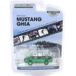Green Chrome Chase Unit ~ 1/64 1981 Ford Mustang Ghia Coupe with Ski Roof Rack, Medium Blue Glow, Hobby Exclusive