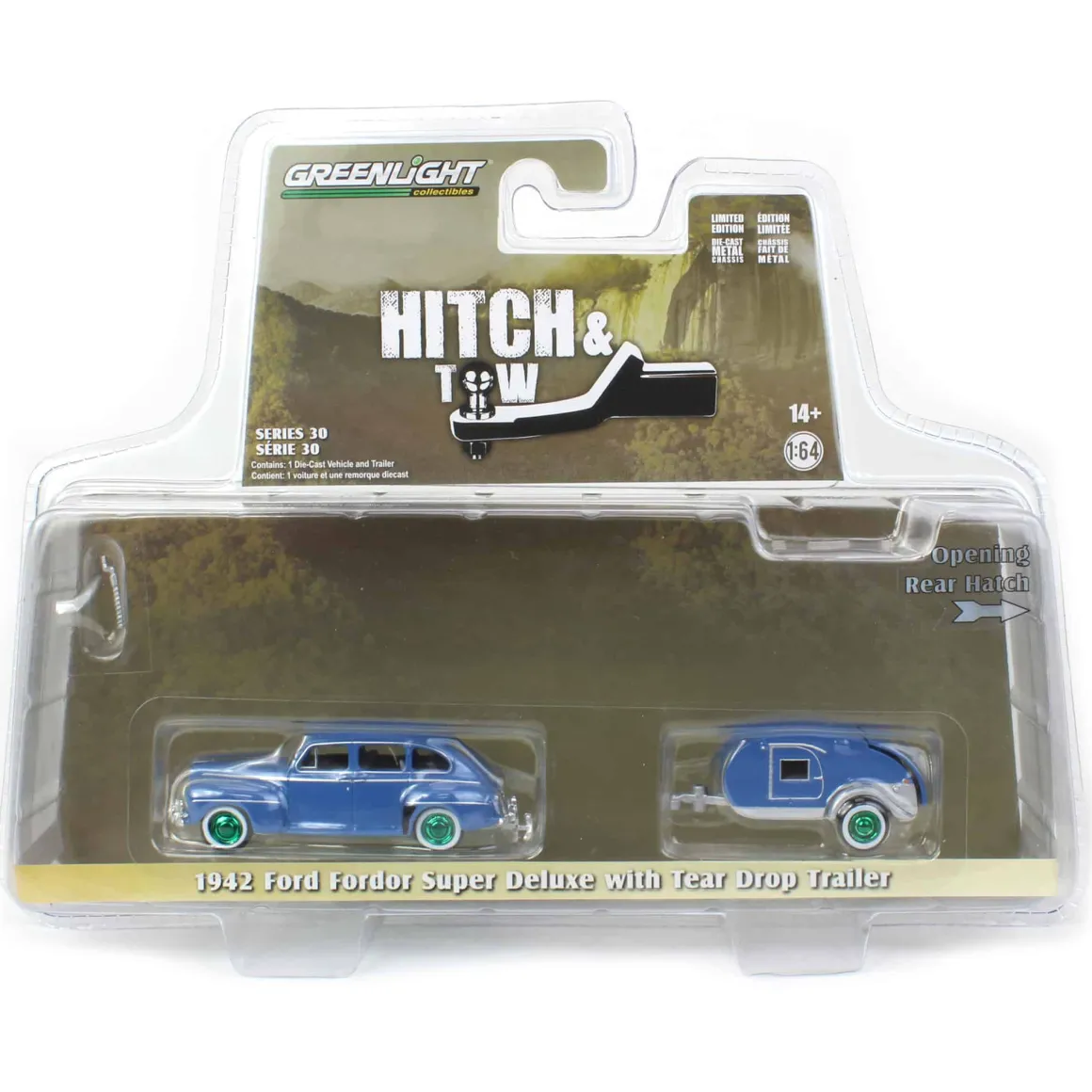 Green Machine ~ 1/64 1942 Ford Fordor Super Deluxe with Tear Drop Trailer, Hitch & Tow Series 30