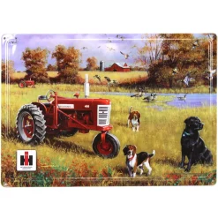IH Farmall 450 Tractor with Dogs Farm Scene Tin Sign, 17in x 12in