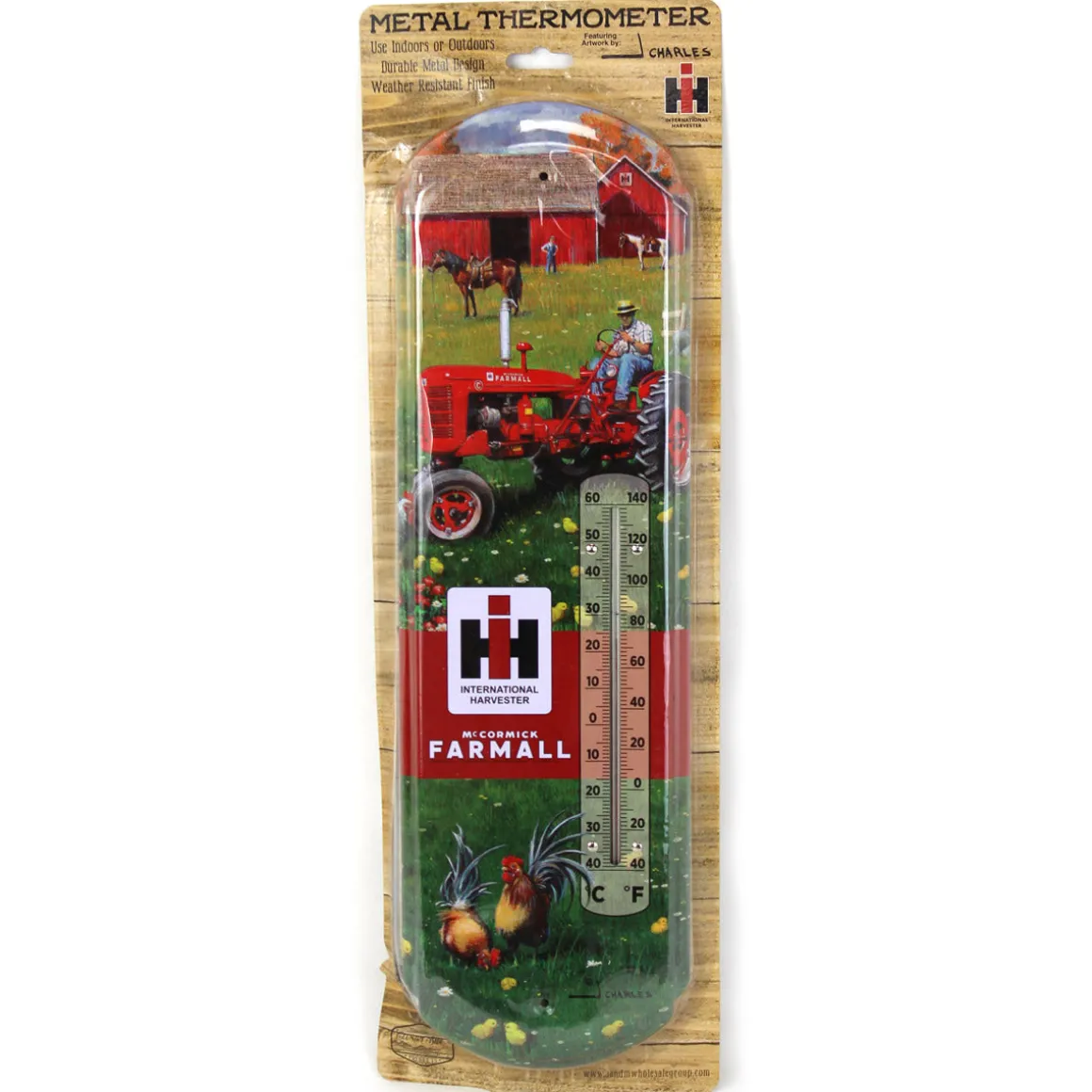 IH Farmall C Tractor in Farm Scene Metal Thermometer, 5.125in x 17.375in