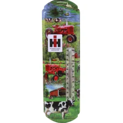 IH Farmall Cub & H Tractors w/ Cows in Farm Scene Metal Thermometer, 5.125in x 17.375in