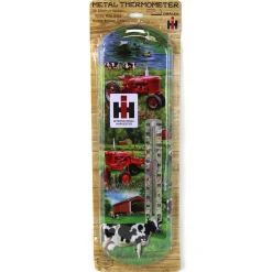 IH Farmall Cub & H Tractors w/ Cows in Farm Scene Metal Thermometer, 5.125in x 17.375in