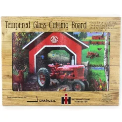 IH Farmall H Tractor with Covered Bridge Glass Cutting Board, 15.5in x 11.75in
