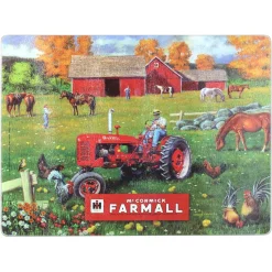 IH McCormick Farmall C Tractor in Farm Scene Glass Cutting Board, 15.5in x 11.75in
