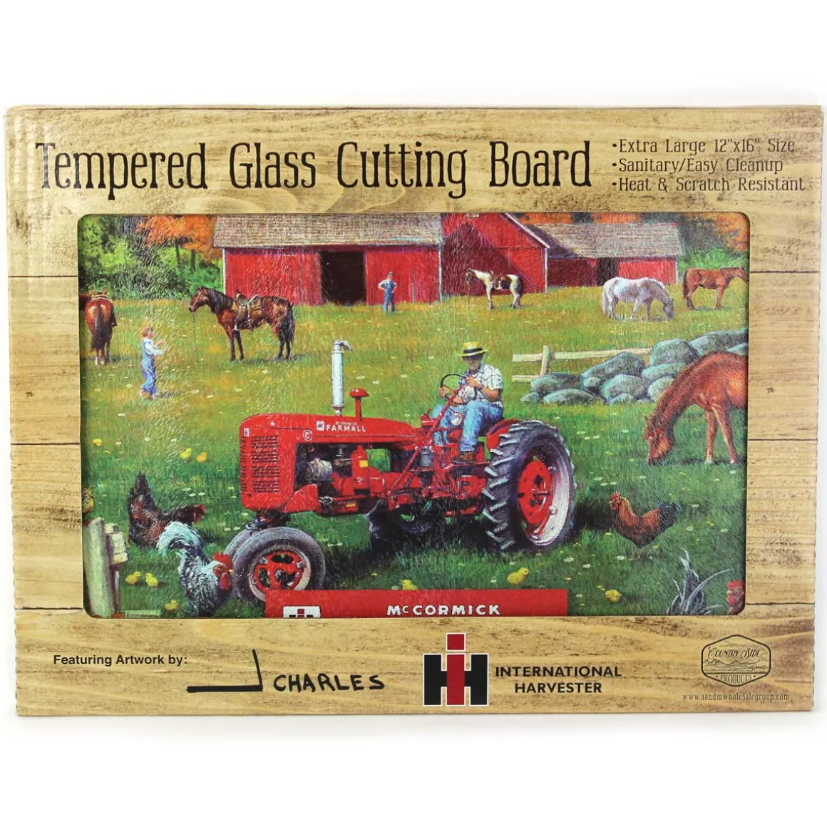 IH McCormick Farmall C Tractor in Farm Scene Glass Cutting Board, 15.5in x 11.75in