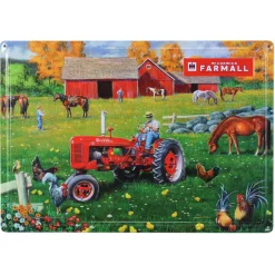 IH McCormick Farmall C Tractor with Farmers & Animals Embossed Metal Sign, 16.75in x 12in